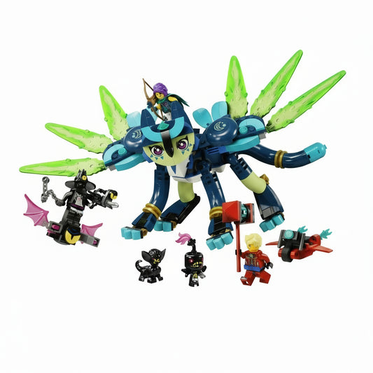 Toy figure with green wings and multiple smaller figures