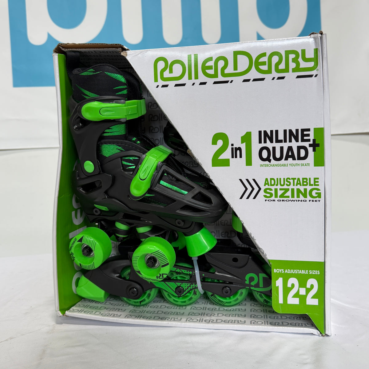 Roller Derby Green Kid's Adjustable Quad Inline Skates S Box Front