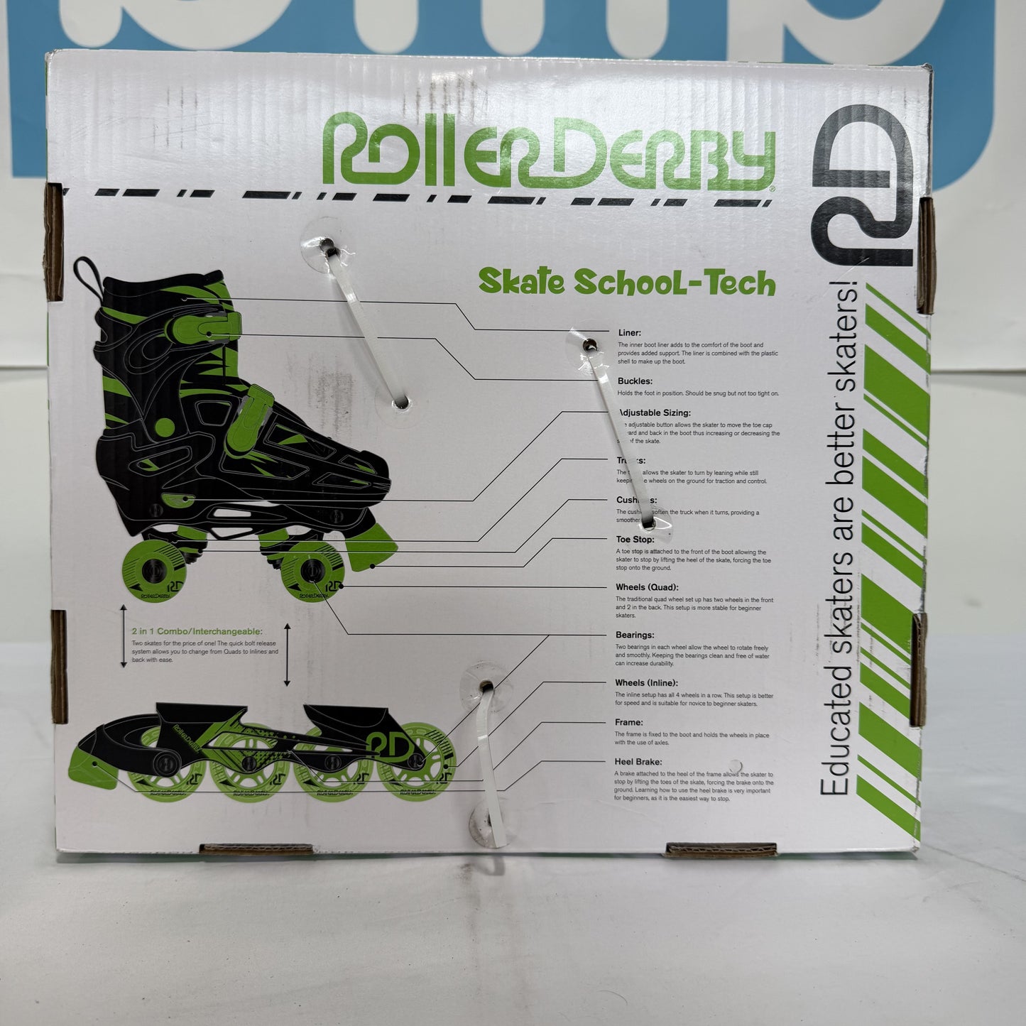 Roller Derby Green Kid's Adjustable Quad Inline Skates Box Back