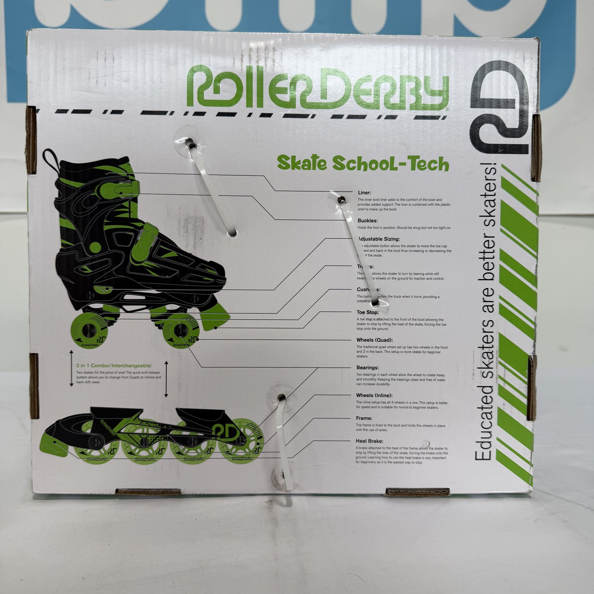 Roller Derby Green Kid's Adjustable Quad Inline Skates Box Back