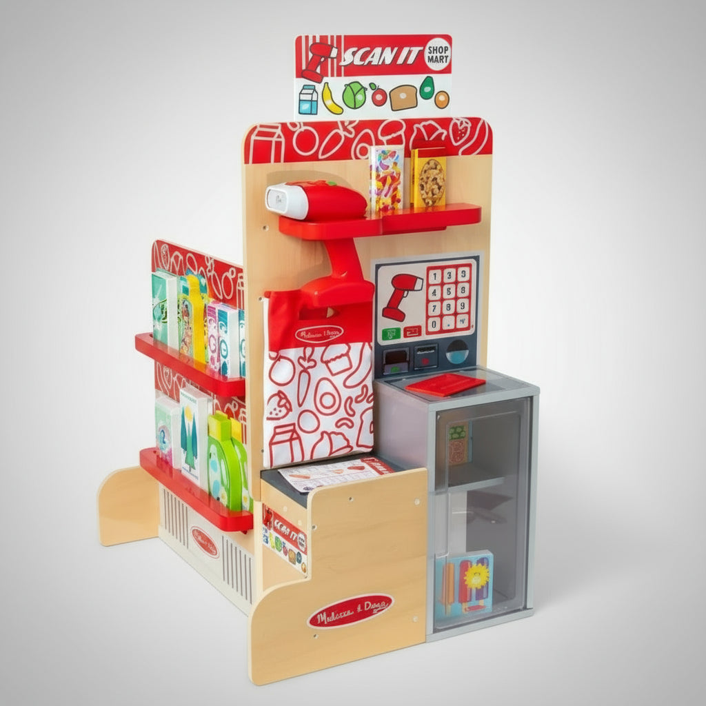 Toy cash register set with shelves on a white background